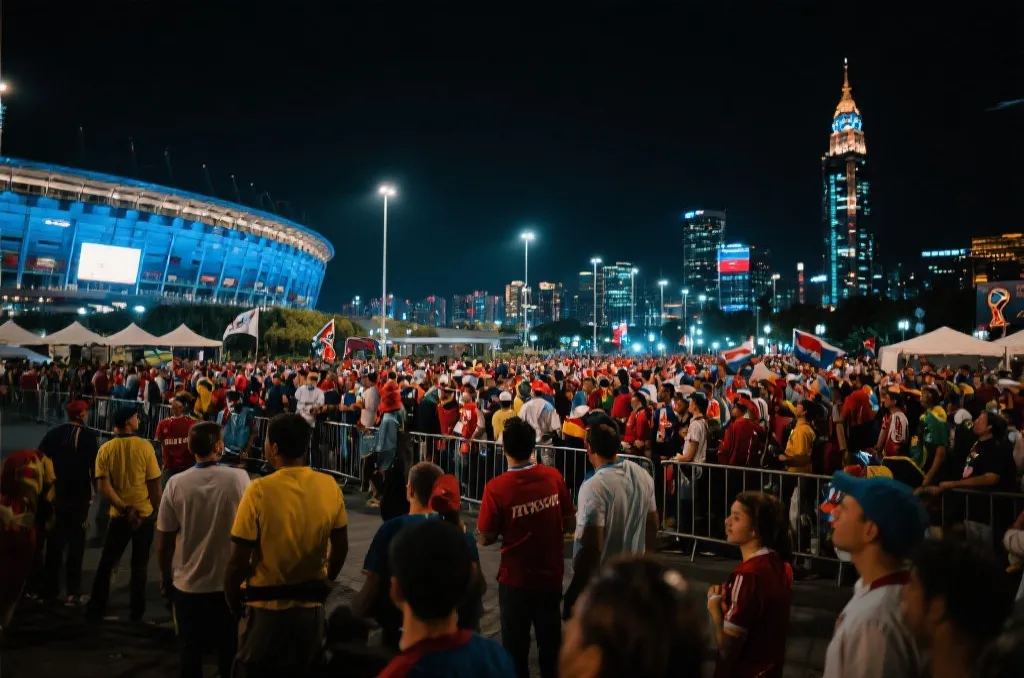 世界杯球场外聚集的球迷与城市夜景,氛围热烈而有序