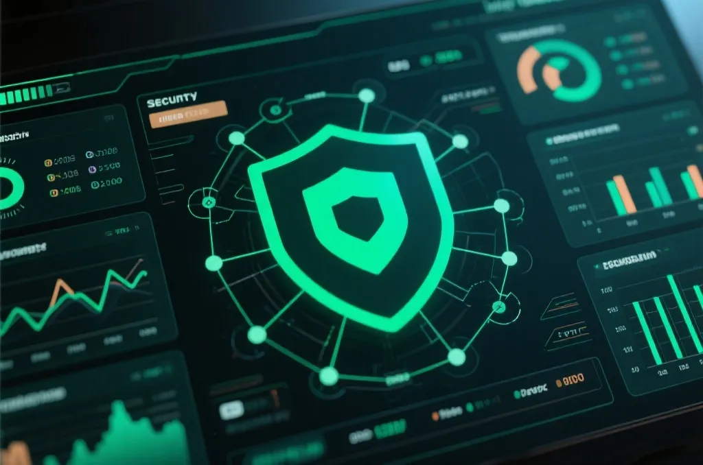 An editorial flat-lay of a high-tech security dashboard with abstract data charts, network nodes, and a green shield icon representing safety